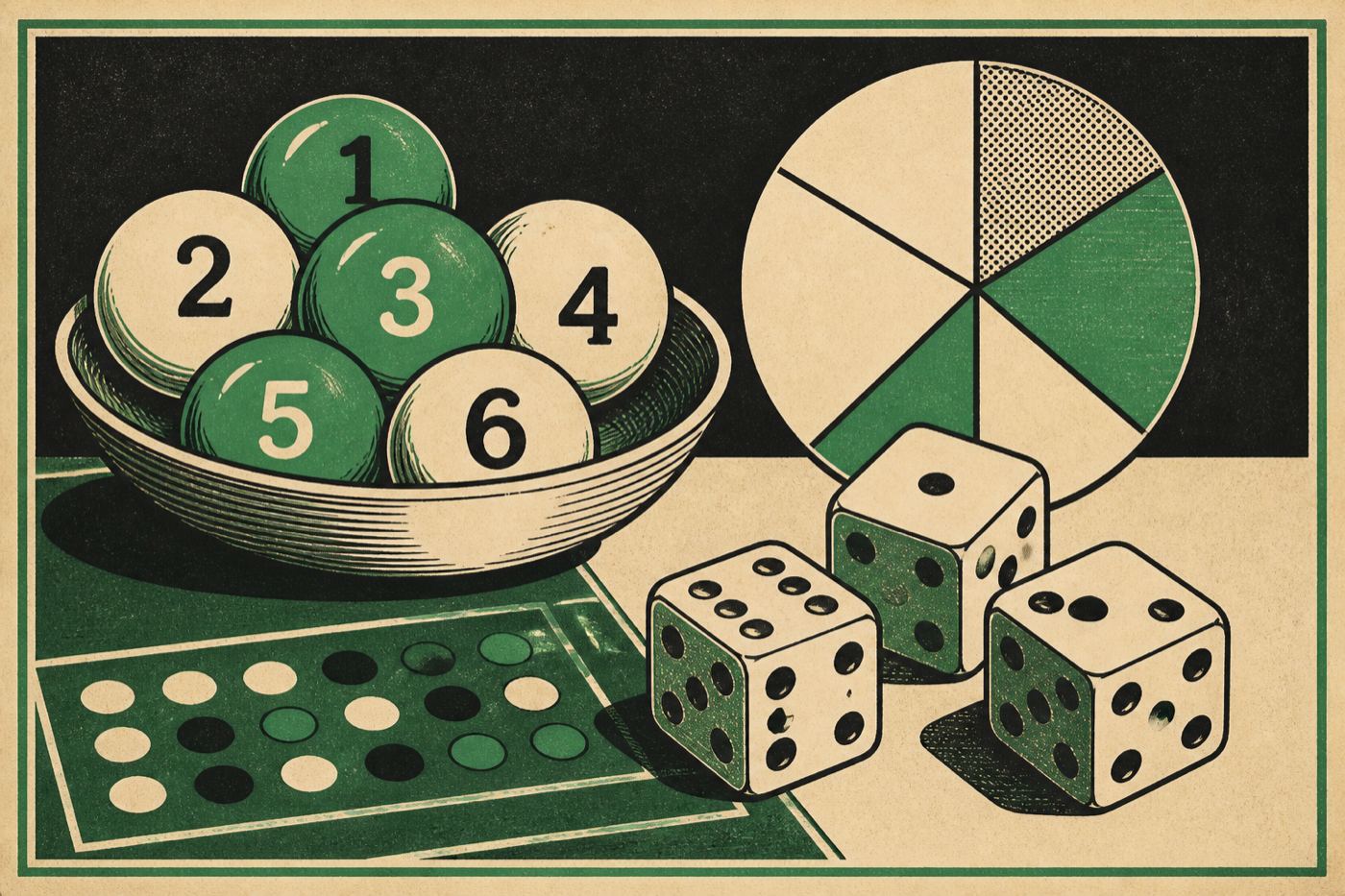 Graphic dice and numbered balls on a cream poster field