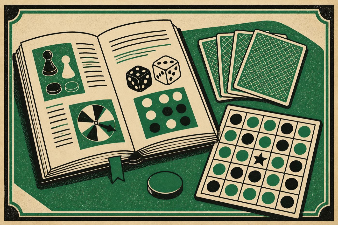 Vintage poster still life of a rulebook with cards and a bingo grid