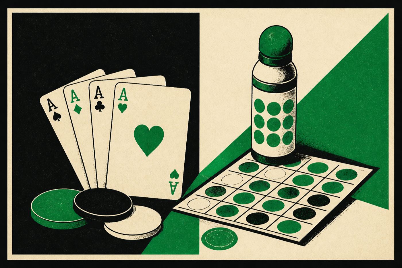 Graphic still life of cards and chip shapes in a duotone poster style